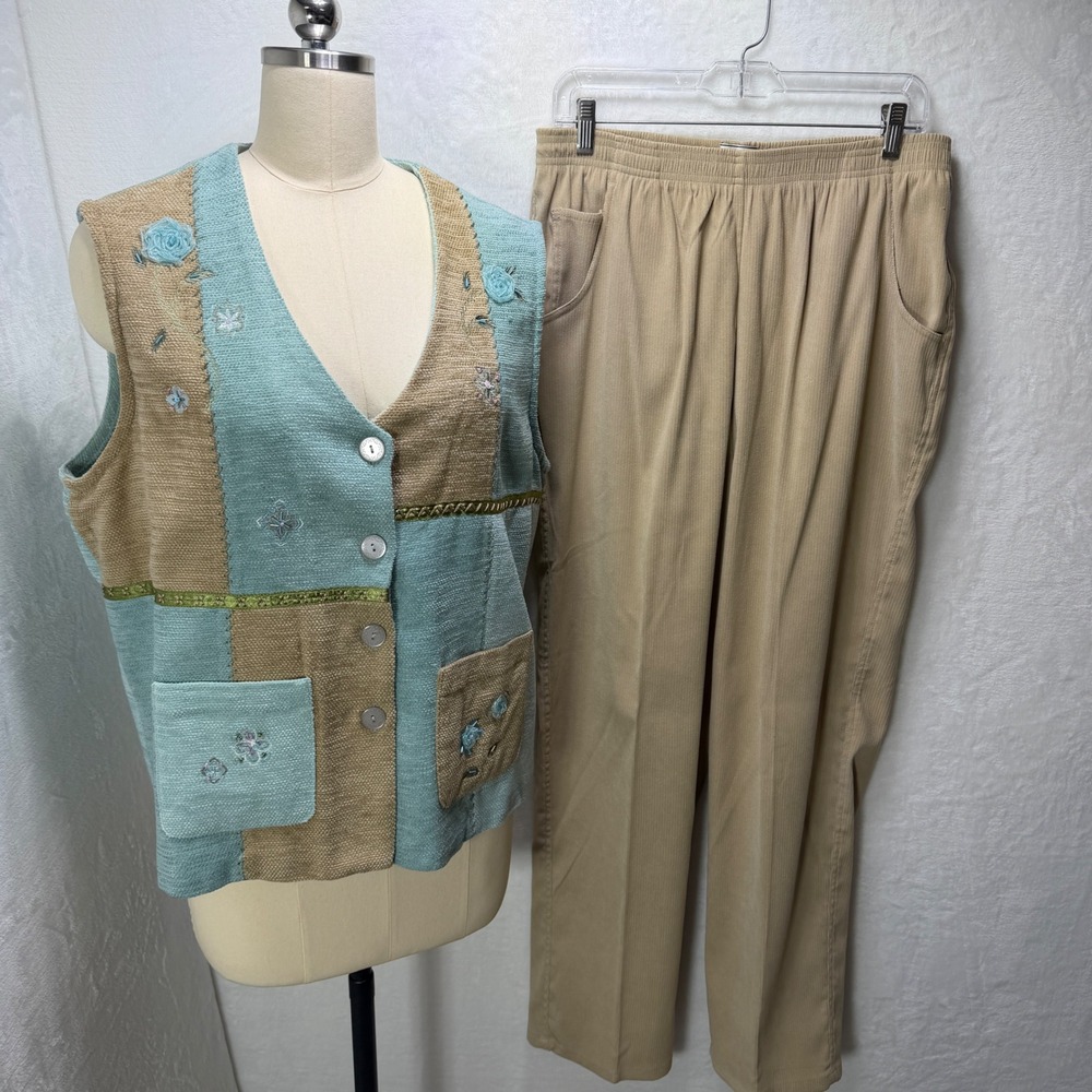 Napa Valley Womens Large Blue Brown Colorblock Embroidered Vest & Pants Set